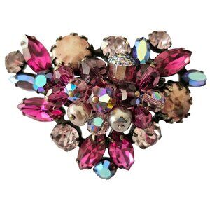 Regency Faux Pearl Pink Rhinestone Cluster Brooch Beaded Pin Signed C955